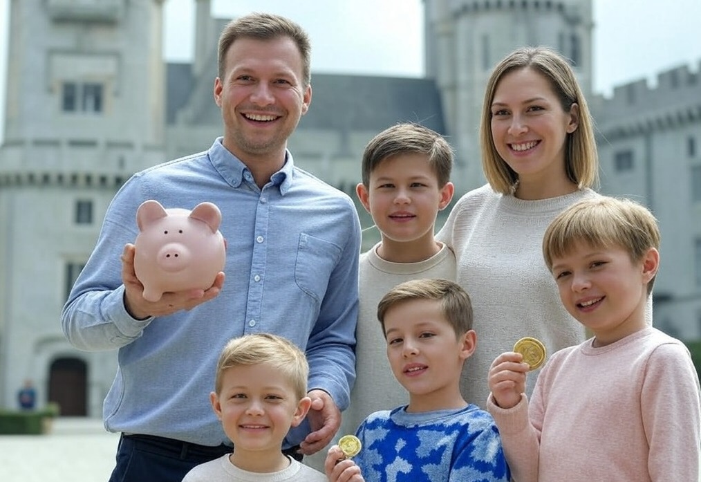 Saving family together: father holding piggy bank, mother and two children holding gold coins, in front of a majestic castle
