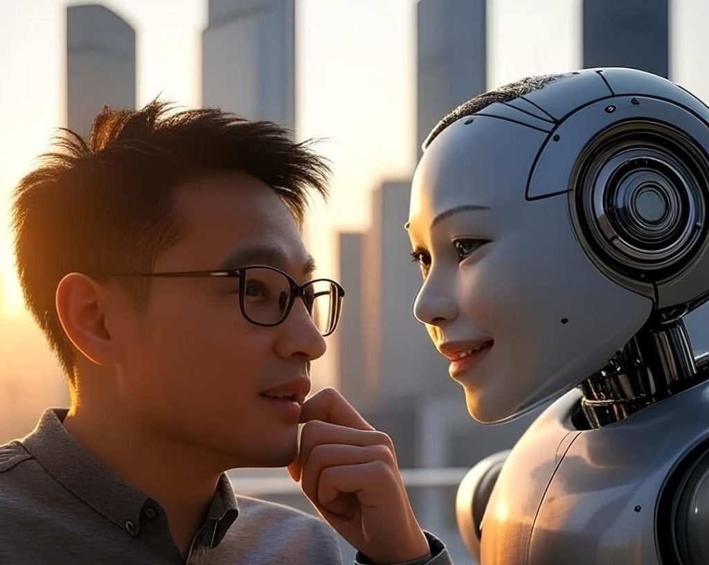 Une illustration vibrante d’une ville futuriste montrant un professionnel dans des rôles technologiques avancés
