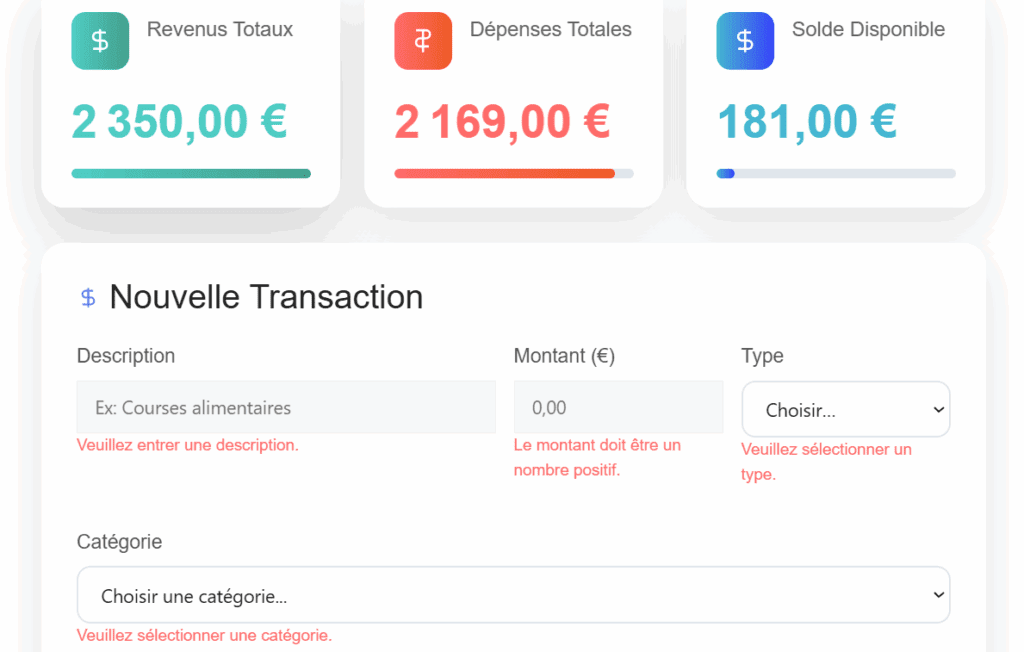 Interface de MasterBudget25 affichant un tableau de bord avec revenus, dépenses, et un formulaire pour ajouter une transaction financière.